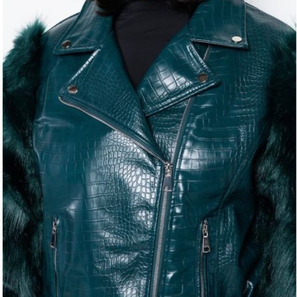 STUNNING PLUS AZALEA WANG NOLLA FAUX FUR ARMS CROC MOTO JACKET!!! - Picture 7 of 8